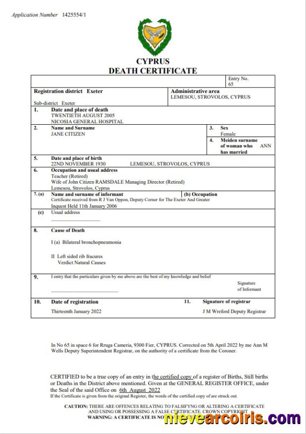 Cyprus vital record death certificate